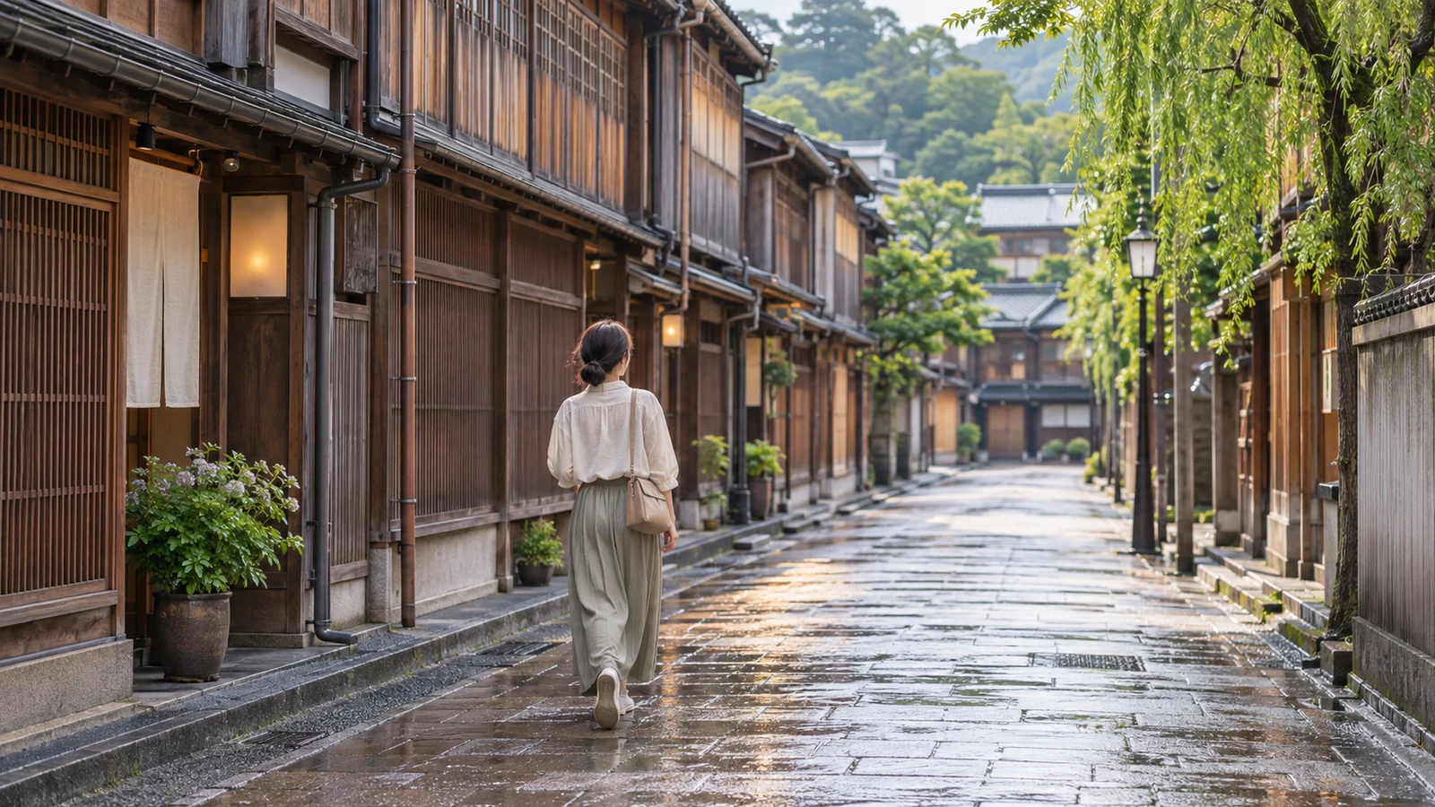 雨上がりの金沢らしい茶屋街を歩く旅行者