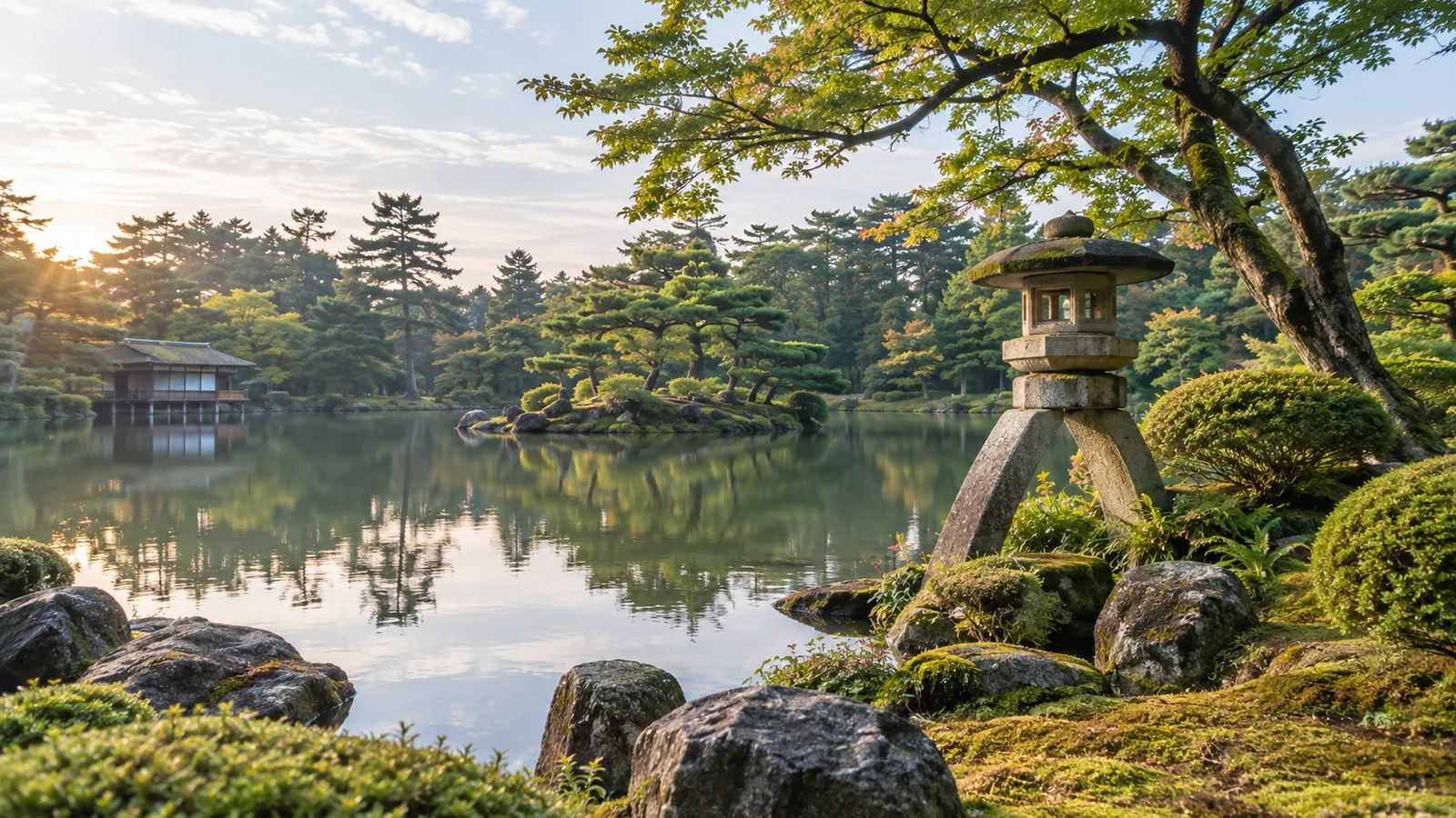 池とことじ灯籠を望む朝の日本庭園