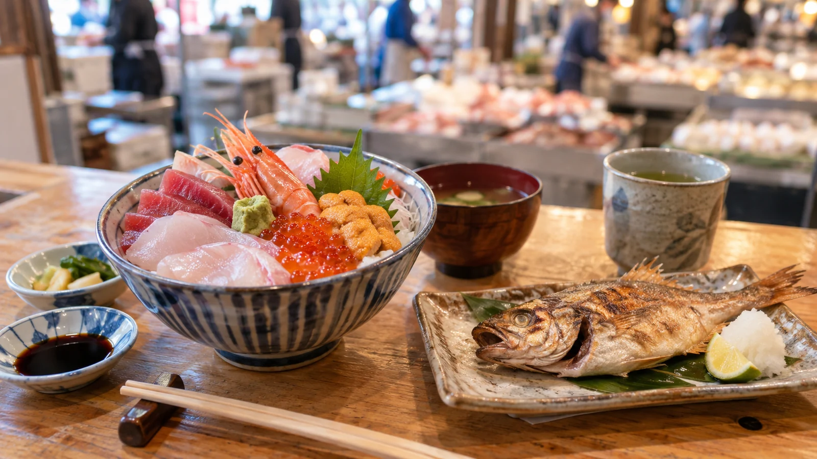 市場のカウンターに並ぶ海鮮丼と焼き魚