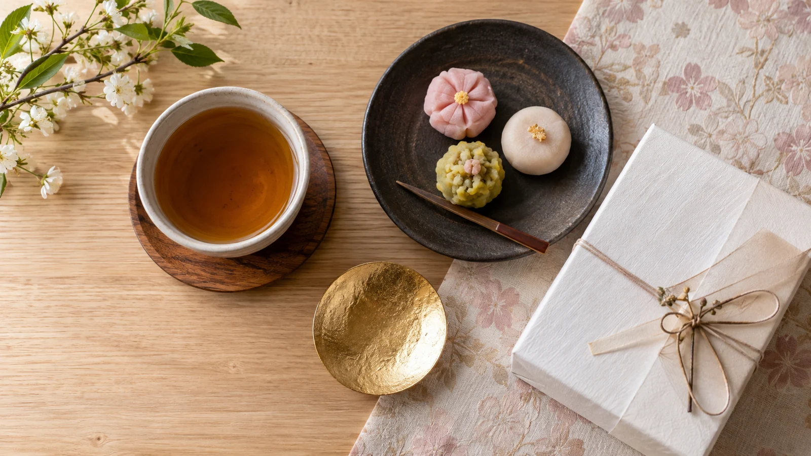 加賀棒茶や和菓子、金箔工芸品を並べた金沢土産